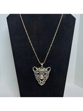 Gold Tone Rope Chain Necklace With AB Rhinestone Leopard Head Pendant (6389)